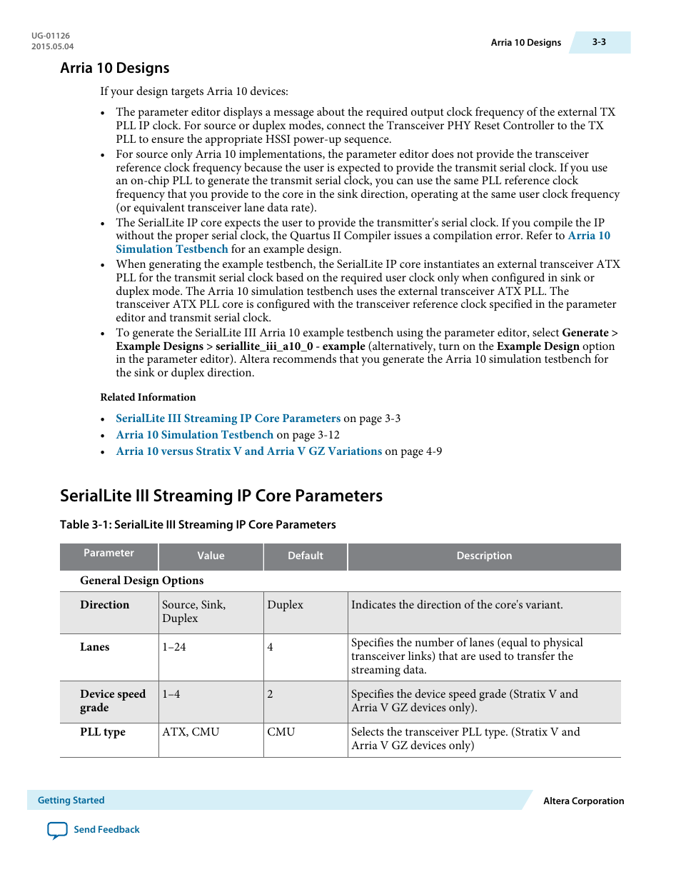 Arria 10 designs, Seriallite iii streaming ip core parameters, Arria 10 designs -3 | Seriallite iii streaming ip core parameters -3 | Altera SerialLite III Streaming MegaCore Function User Manual | Page 12 / 68
