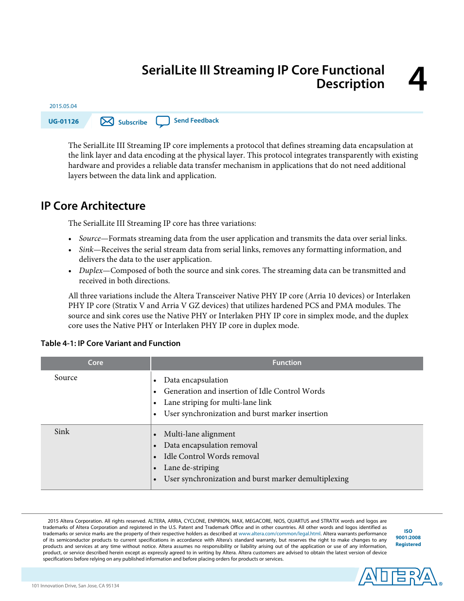 Ip core architecture, Ip core architecture -1 | Altera SerialLite III Streaming MegaCore Function User Manual | Page 25 / 68