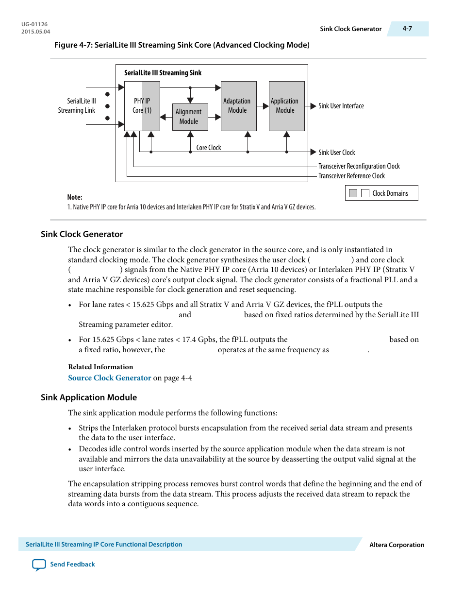 Sink clock generator, Sink application module | Altera SerialLite III Streaming MegaCore Function User Manual | Page 31 / 68