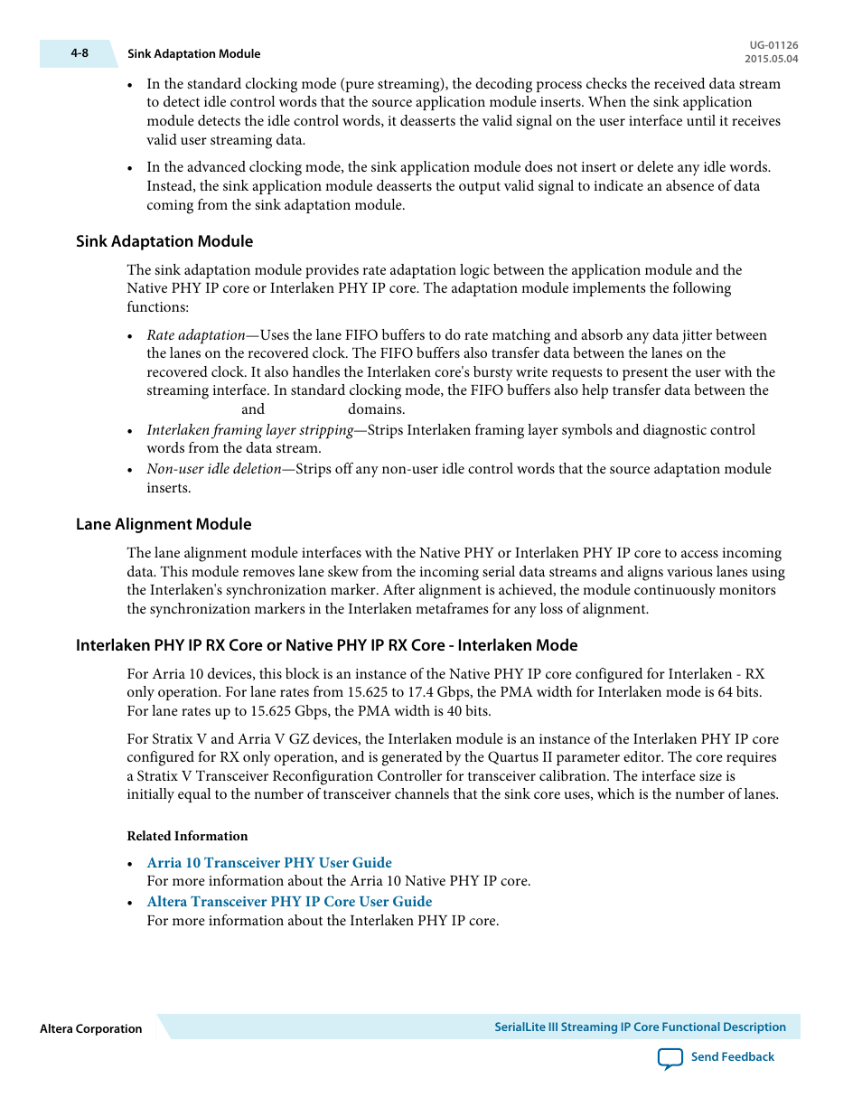 Sink adaptation module, Lane alignment module | Altera SerialLite III Streaming MegaCore Function User Manual | Page 32 / 68