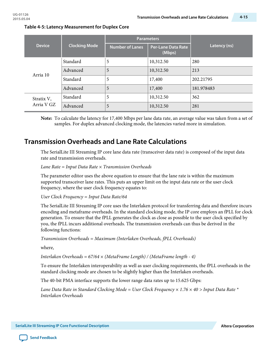 Transmission overheads and lane rate calculations | Altera SerialLite III Streaming MegaCore Function User Manual | Page 39 / 68