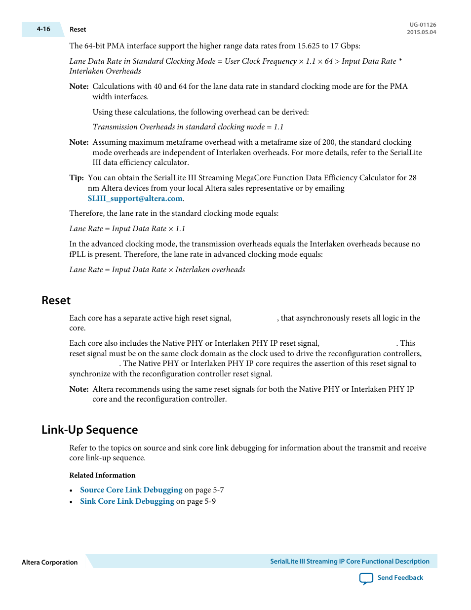Reset, Link-up sequence, Reset -16 | Link-up sequence -16 | Altera SerialLite III Streaming MegaCore Function User Manual | Page 40 / 68