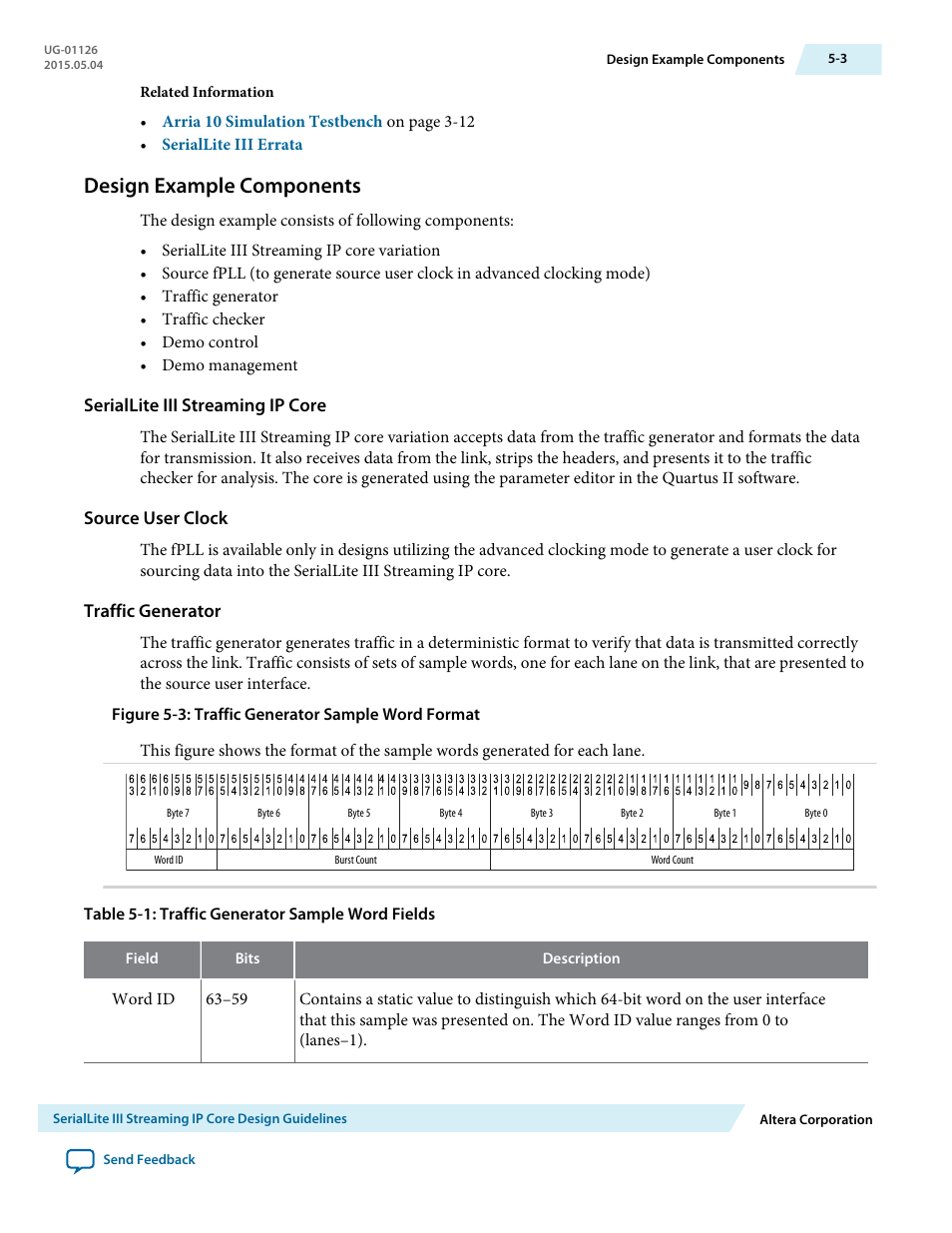 Design example components, Seriallite iii streaming ip core, Source user clock | Traffic generator, Design example components -3 | Altera SerialLite III Streaming MegaCore Function User Manual | Page 58 / 68