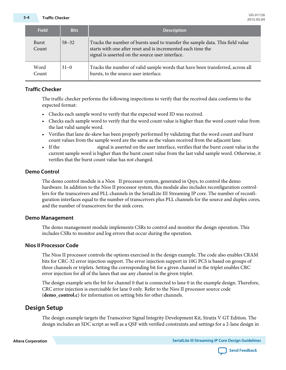 Traffic checker, Demo control, Demo management | Nios ii processor code, Design setup, Design setup -4 | Altera SerialLite III Streaming MegaCore Function User Manual | Page 59 / 68