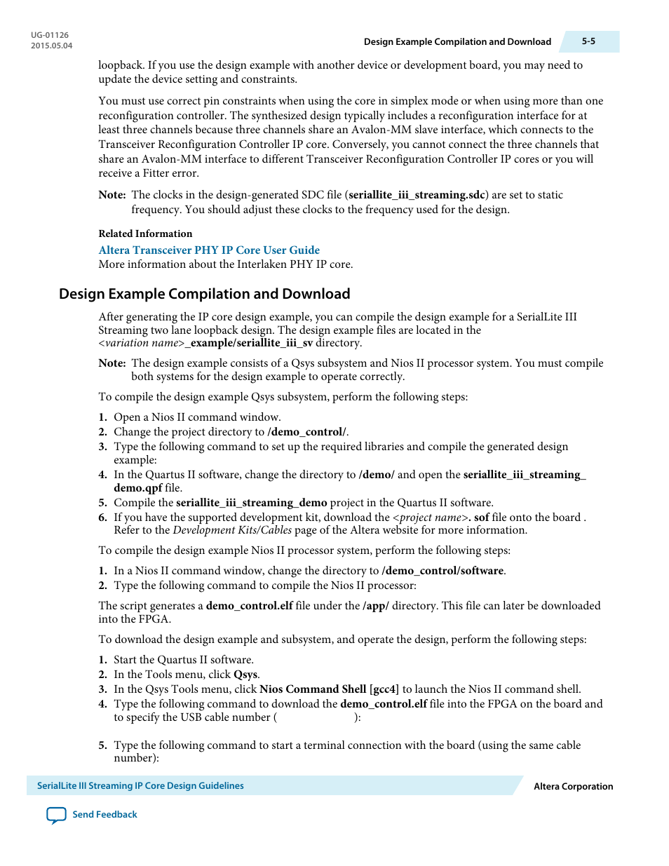 Design example compilation and download, Design example compilation and download -5 | Altera SerialLite III Streaming MegaCore Function User Manual | Page 60 / 68