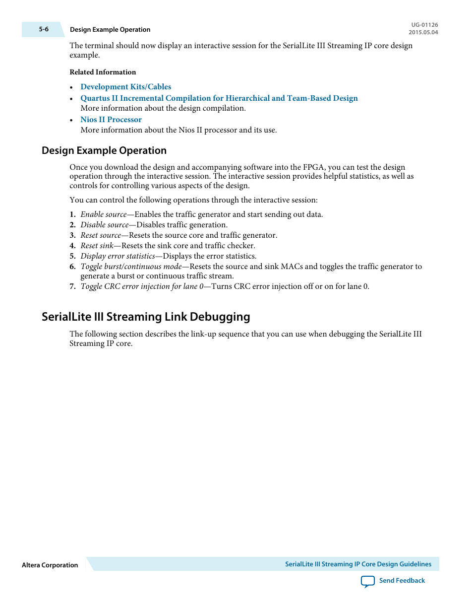 Design example operation, Seriallite iii streaming link debugging, Design example operation -6 | Seriallite iii streaming link debugging -6 | Altera SerialLite III Streaming MegaCore Function User Manual | Page 61 / 68