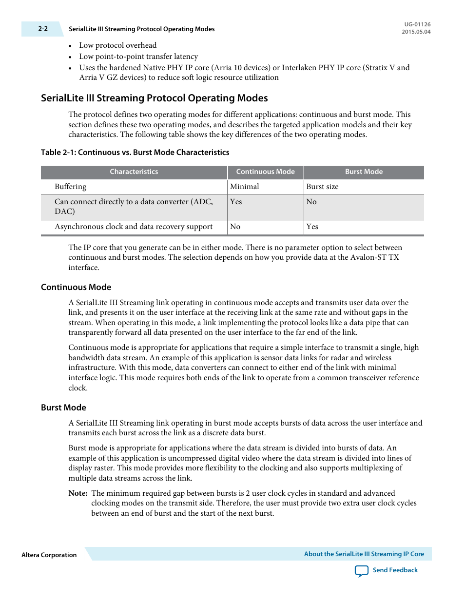 Seriallite iii streaming protocol operating modes, Continuous mode, Burst mode | Altera SerialLite III Streaming MegaCore Function User Manual | Page 7 / 68