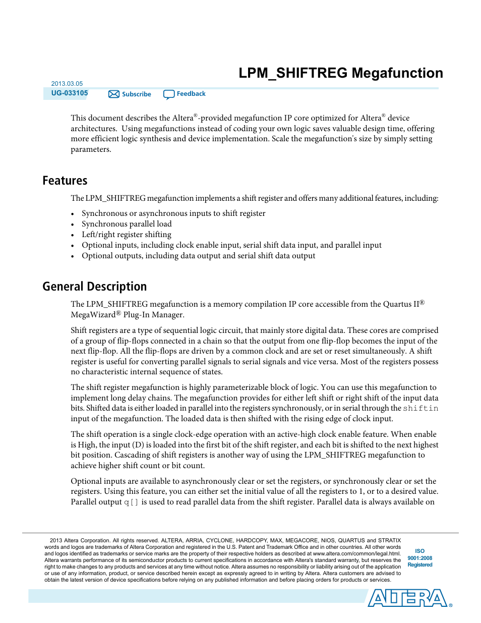 Altera Shift Register IP Core User Manual | 14 pages