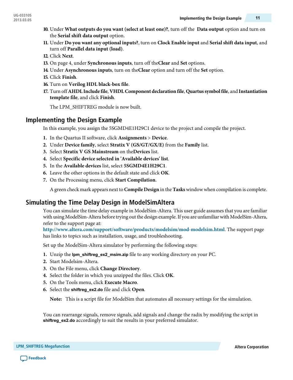 Implementing the design example, Simulating the time delay design in modelsimaltera | Altera Shift Register IP Core User Manual | Page 11 / 14