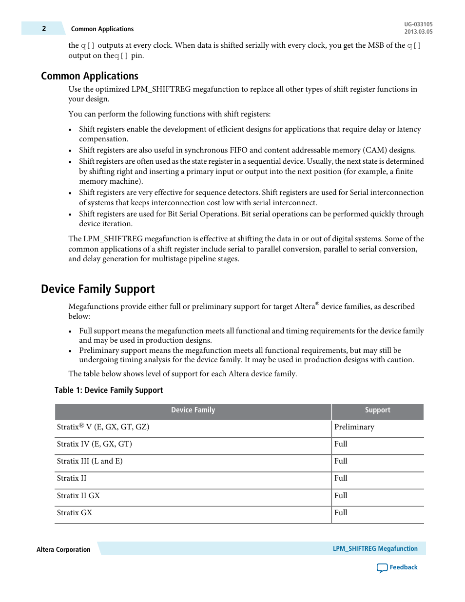 Common applications, Device family support | Altera Shift Register IP Core User Manual | Page 2 / 14