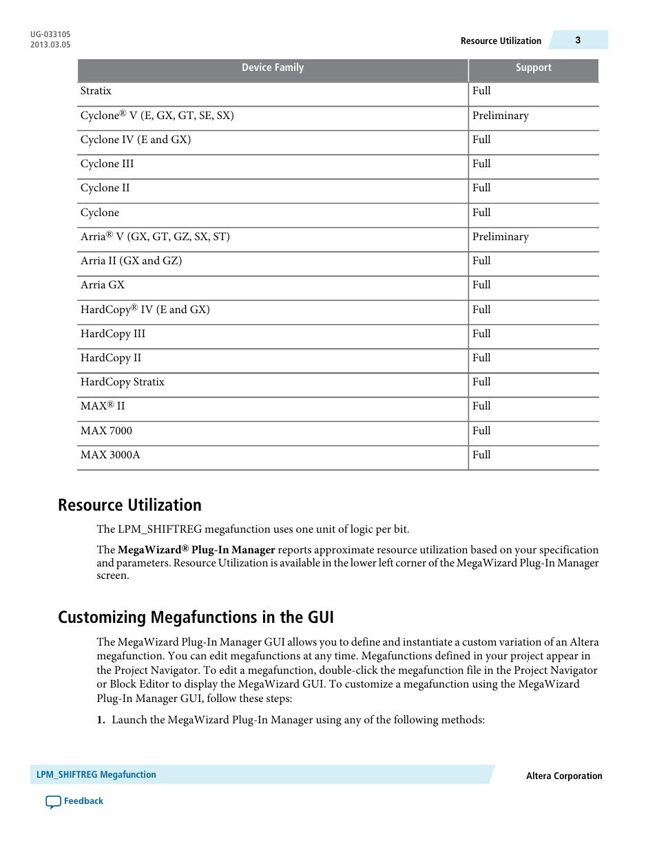 Resource utilization, Customizing megafunctions in the gui | Altera Shift Register IP Core User Manual | Page 3 / 14