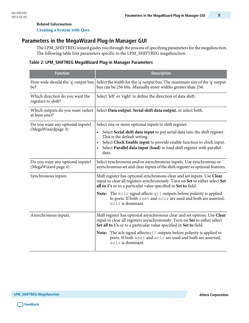 Parameters in the megawizard plug-in manager gui | Altera Shift Register IP Core User Manual | Page 5 / 14