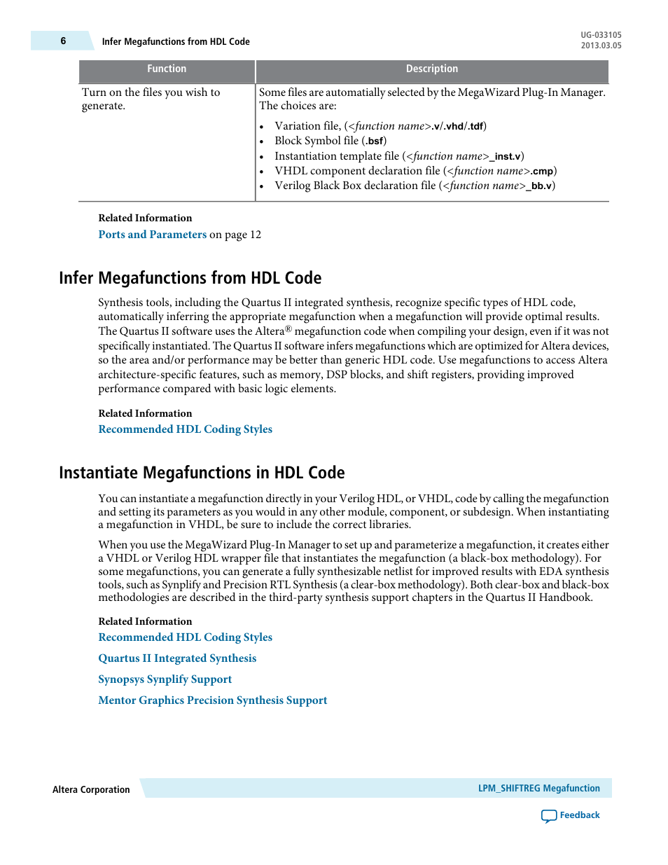 Infer megafunctions from hdl code, Instantiate megafunctions in hdl code | Altera Shift Register IP Core User Manual | Page 6 / 14