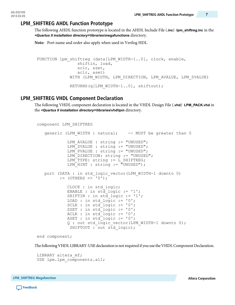 Lpm_shiftreg ahdl function prototype, Lpm_shiftreg vhdl component declaration | Altera Shift Register IP Core User Manual | Page 7 / 14