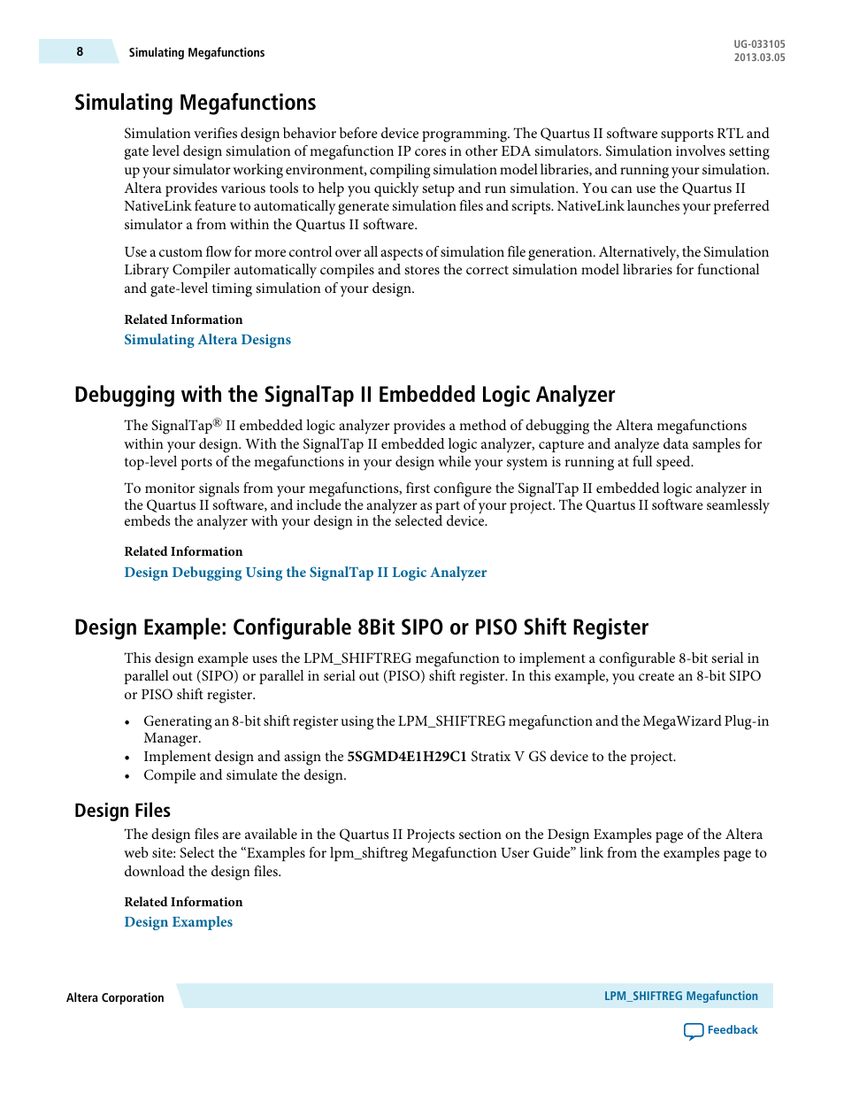 Simulating megafunctions, Design files | Altera Shift Register IP Core User Manual | Page 8 / 14