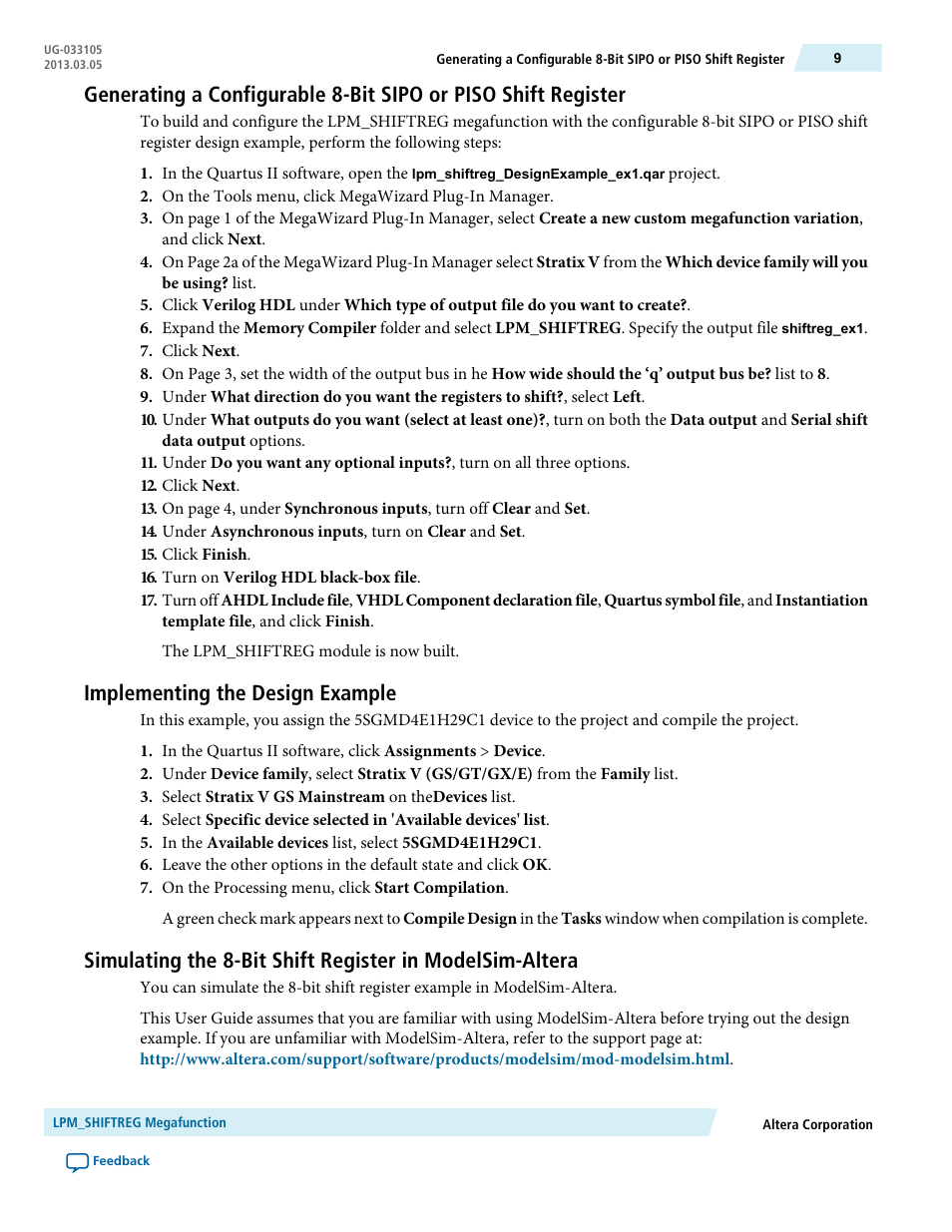 Implementing the design example | Altera Shift Register IP Core User Manual | Page 9 / 14
