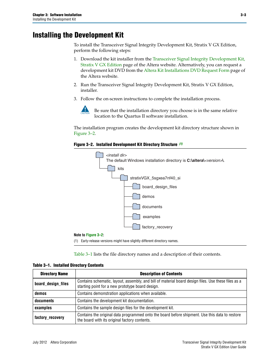 Installing the development kit, Installing the development kit –3 | Altera Signal Integrity Development Kit, Stratix V GX Edition User Manual | Page 11 / 52
