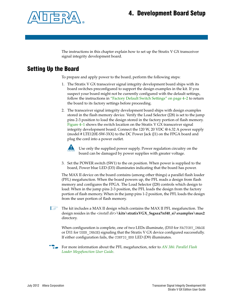 Development board setup, Setting up the board, Chapter 4. development board setup | Setting up the board –1 | Altera Signal Integrity Development Kit, Stratix V GX Edition User Manual | Page 13 / 52