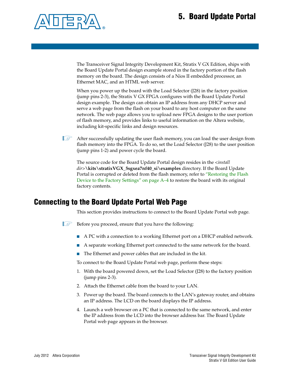 Board update portal, Chapter 5. board update portal, Connecting to the board update portal web page | Altera Signal Integrity Development Kit, Stratix V GX Edition User Manual | Page 19 / 52