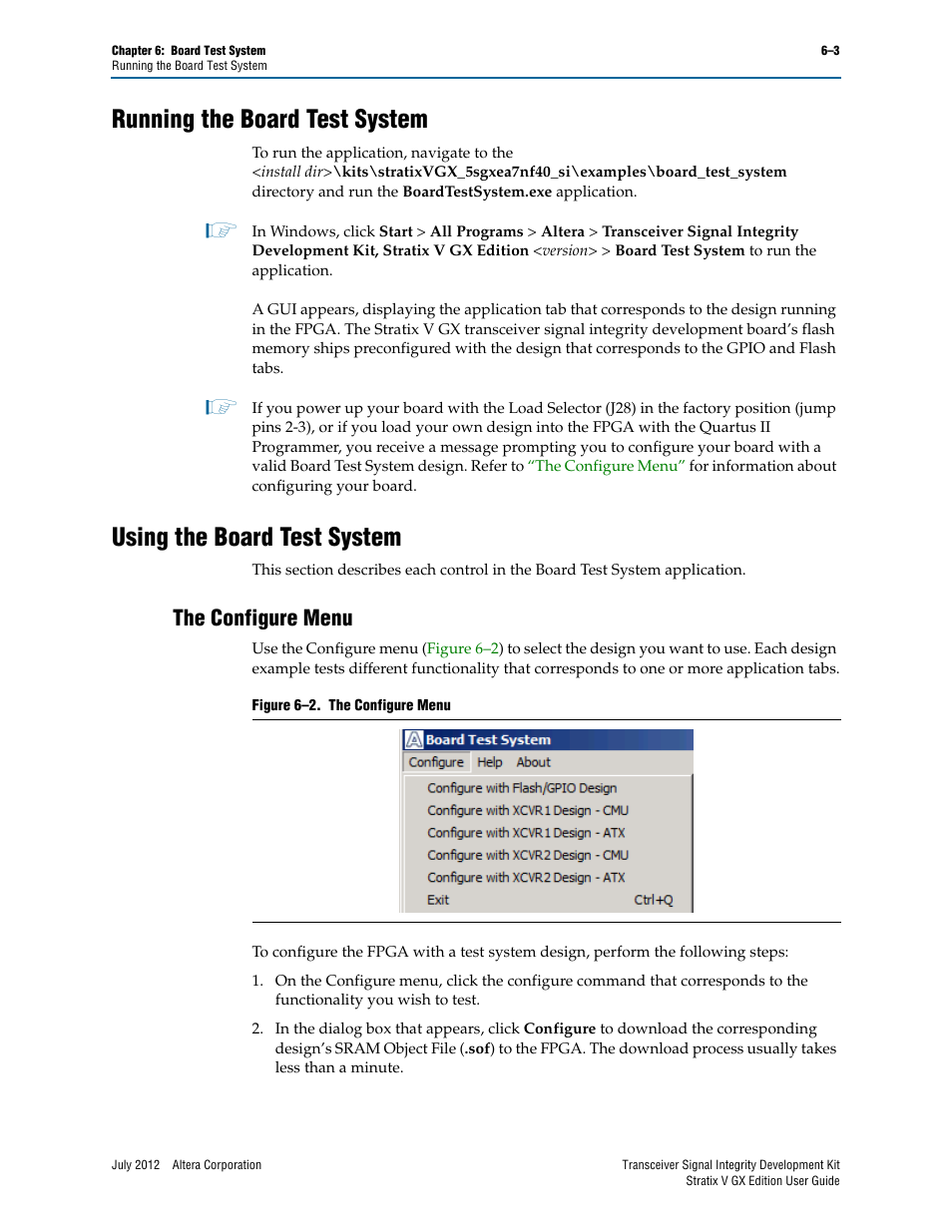 Running the board test system, Using the board test system, The configure menu | The configure menu –3 | Altera Signal Integrity Development Kit, Stratix V GX Edition User Manual | Page 23 / 52