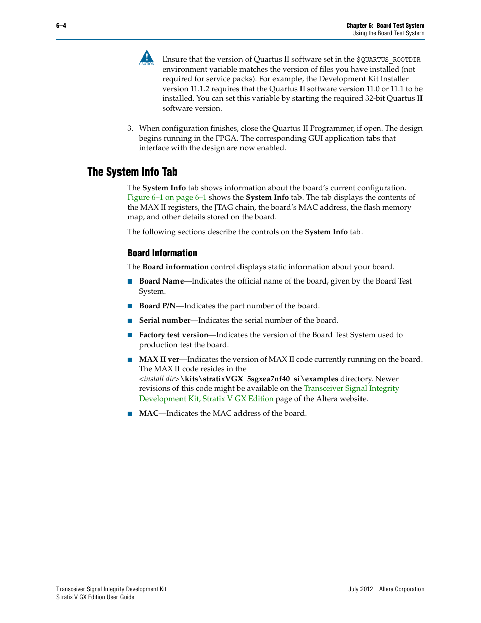 The system info tab, Board information, The system info tab –4 | Board information –4 | Altera Signal Integrity Development Kit, Stratix V GX Edition User Manual | Page 24 / 52