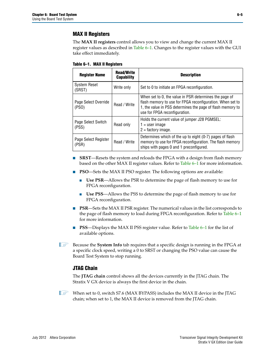 Max ii registers, Jtag chain, Max ii registers –5 jtag chain –5 | Altera Signal Integrity Development Kit, Stratix V GX Edition User Manual | Page 25 / 52