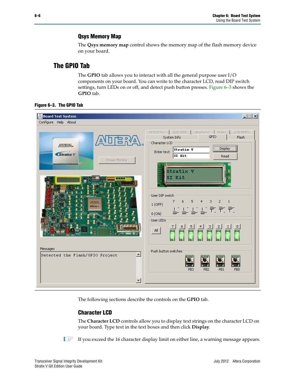 Qsys memory map, The gpio tab, Character lcd | Qsys memory map –6, The gpio tab –6, Character lcd –6 | Altera Signal Integrity Development Kit, Stratix V GX Edition User Manual | Page 26 / 52