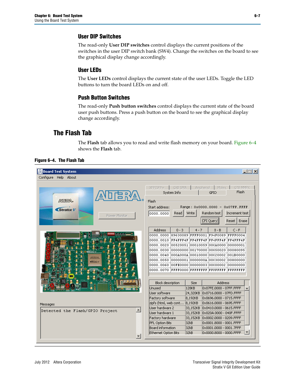 User dip switches, User leds, Push button switches | The flash tab, The flash tab –7 | Altera Signal Integrity Development Kit, Stratix V GX Edition User Manual | Page 27 / 52