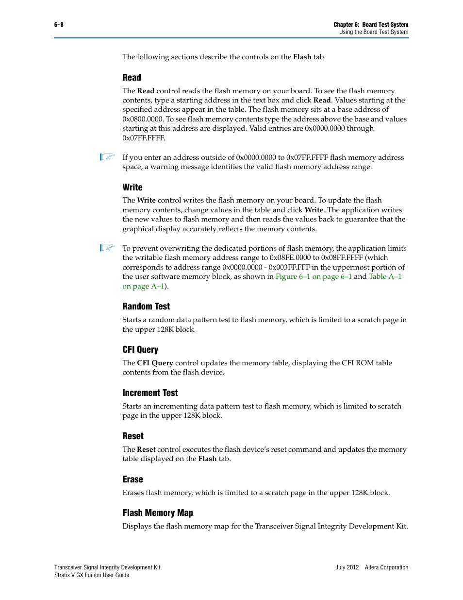 Read, Write, Random test | Cfi query, Increment test, Reset, Erase, Flash memory map, Erase –8 flash memory map –8 | Altera Signal Integrity Development Kit, Stratix V GX Edition User Manual | Page 28 / 52