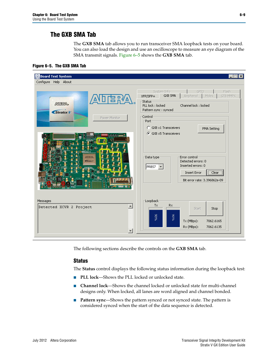 The gxb sma tab, Status, The gxb sma tab –9 | Status –9 | Altera Signal Integrity Development Kit, Stratix V GX Edition User Manual | Page 29 / 52