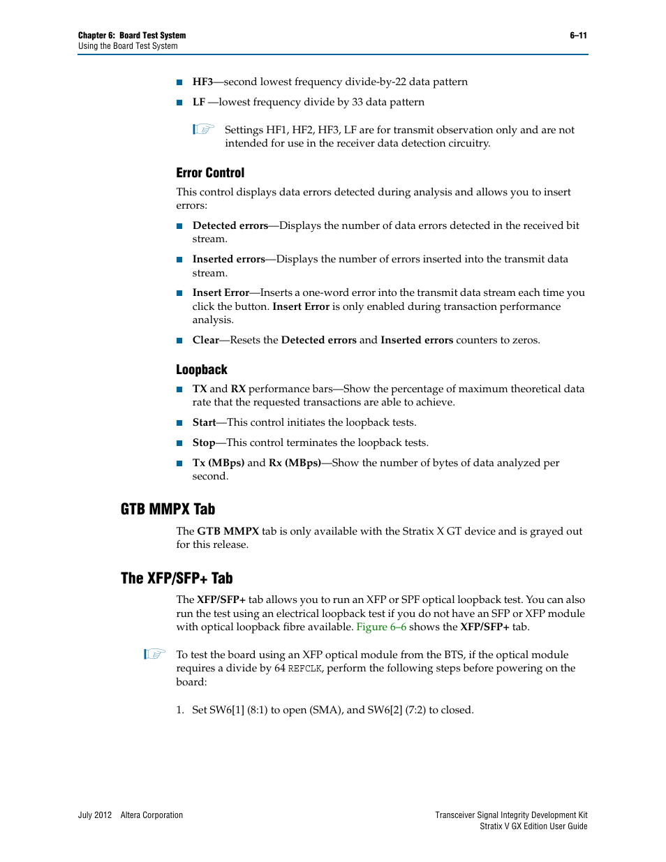 Error control, Loopback, Gtb mmpx tab | The xfp/sfp+ tab, Error control –11 loopback –11, Gtb mmpx tab –11 the xfp/sfp+ tab –11 | Altera Signal Integrity Development Kit, Stratix V GX Edition User Manual | Page 31 / 52
