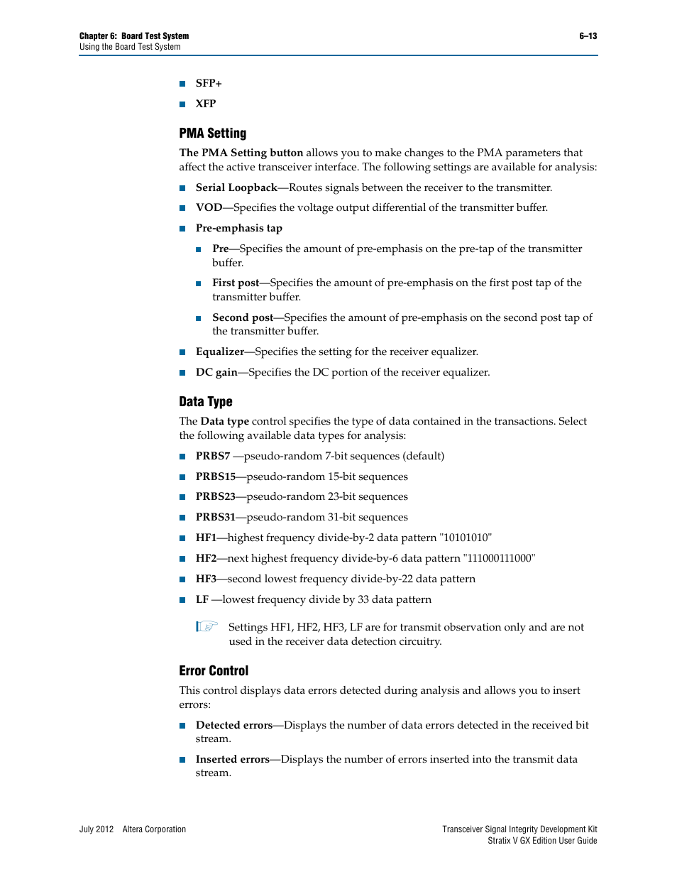 Pma setting, Data type, Error control | Pma setting –13 data type –13 error control –13 | Altera Signal Integrity Development Kit, Stratix V GX Edition User Manual | Page 33 / 52
