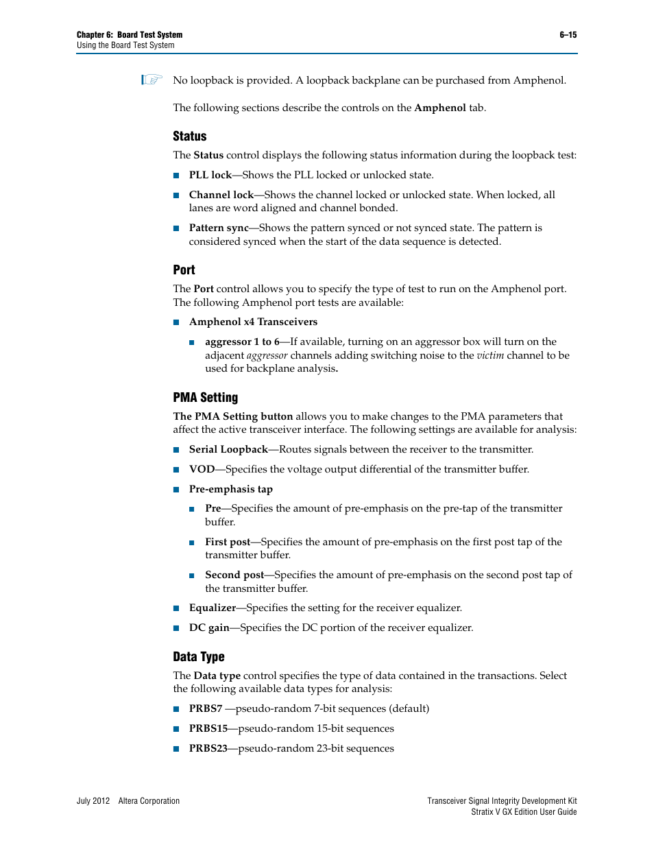 Status, Port, Pma setting | Data type, Status –15 port –15 pma setting –15 data type –15 | Altera Signal Integrity Development Kit, Stratix V GX Edition User Manual | Page 35 / 52
