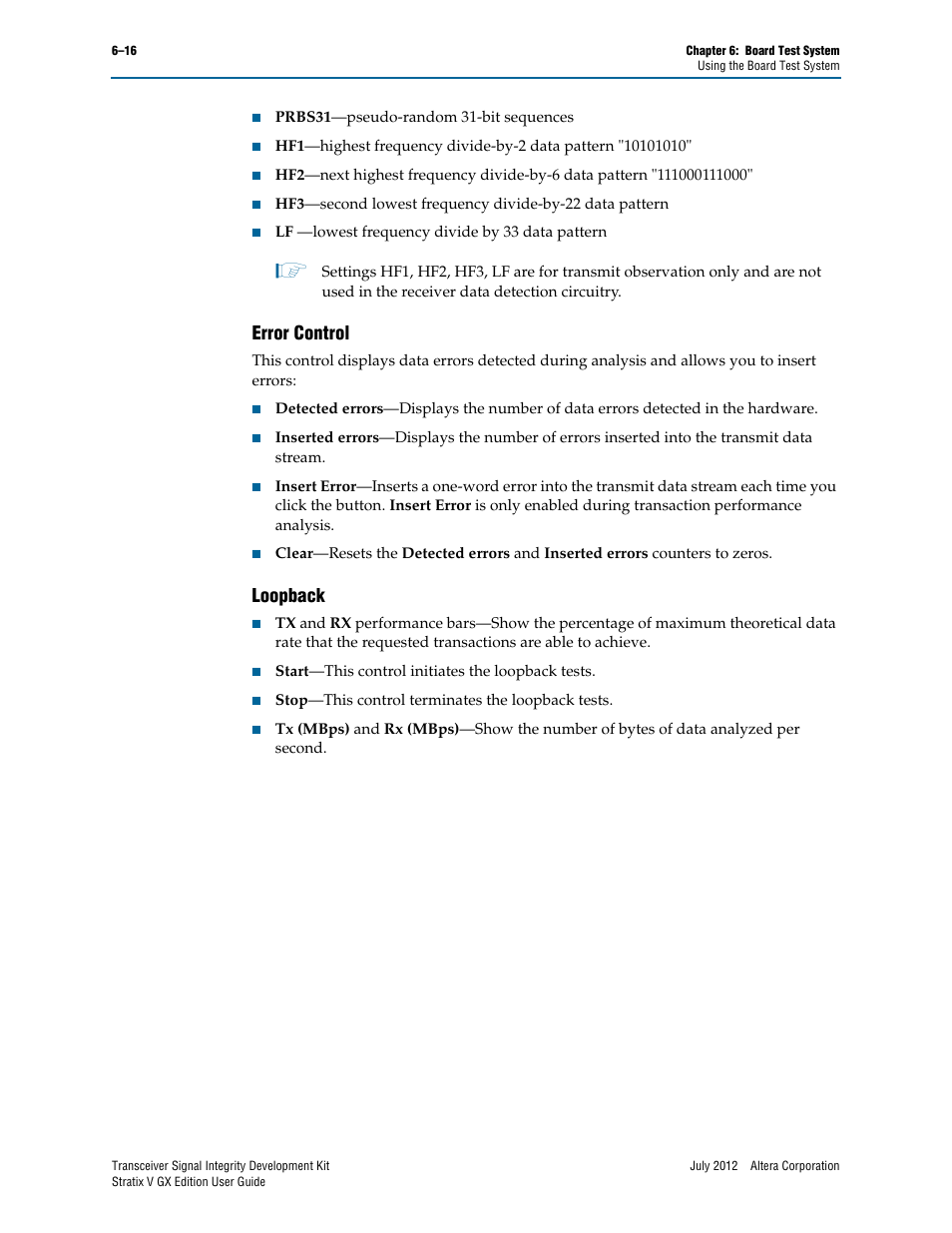 Error control, Loopback, Error control –16 loopback –16 | Altera Signal Integrity Development Kit, Stratix V GX Edition User Manual | Page 36 / 52