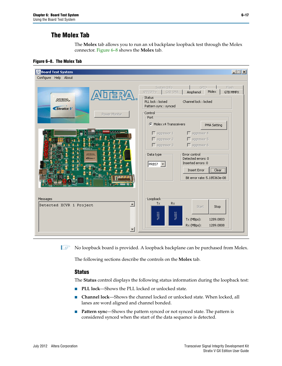 The molex tab, Status, The molex tab –17 | Status –17 | Altera Signal Integrity Development Kit, Stratix V GX Edition User Manual | Page 37 / 52