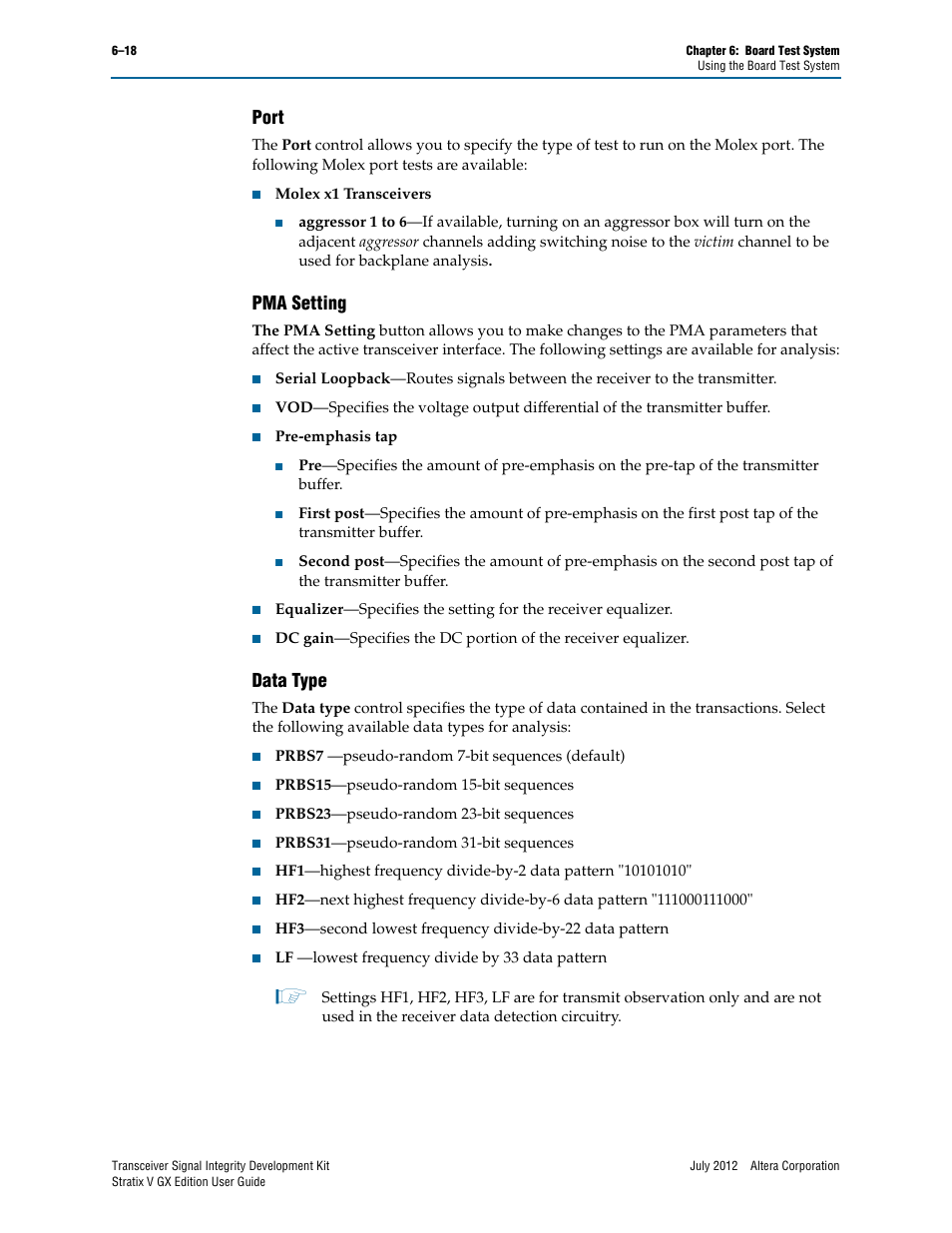 Port, Pma setting, Data type | Port –18 pma setting –18 data type –18 | Altera Signal Integrity Development Kit, Stratix V GX Edition User Manual | Page 38 / 52