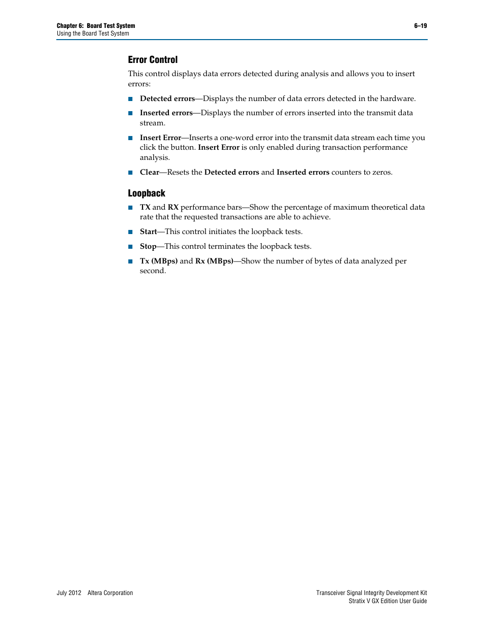 Error control, Loopback, Error control –19 loopback –19 | Altera Signal Integrity Development Kit, Stratix V GX Edition User Manual | Page 39 / 52