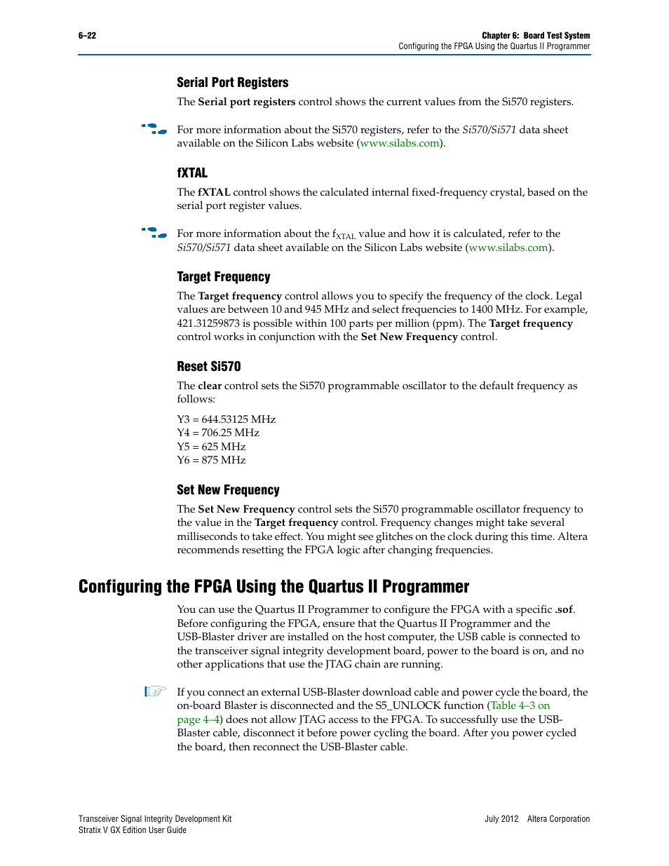 Serial port registers, Fxtal, Target frequency | Reset si570, Set new frequency | Altera Signal Integrity Development Kit, Stratix V GX Edition User Manual | Page 42 / 52