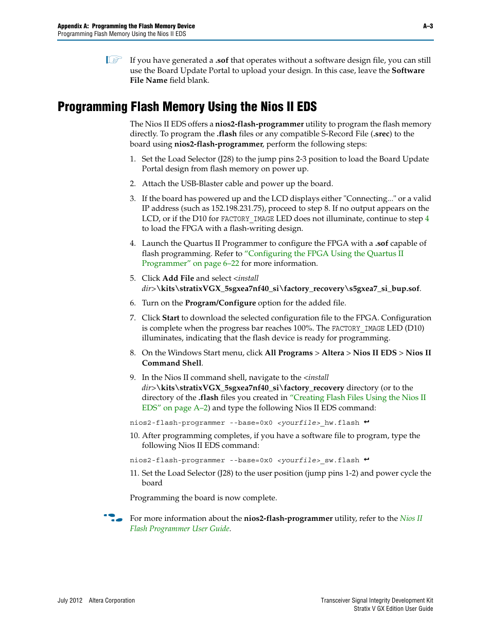 Programming flash memory using the nios ii eds | Altera Signal Integrity Development Kit, Stratix V GX Edition User Manual | Page 47 / 52
