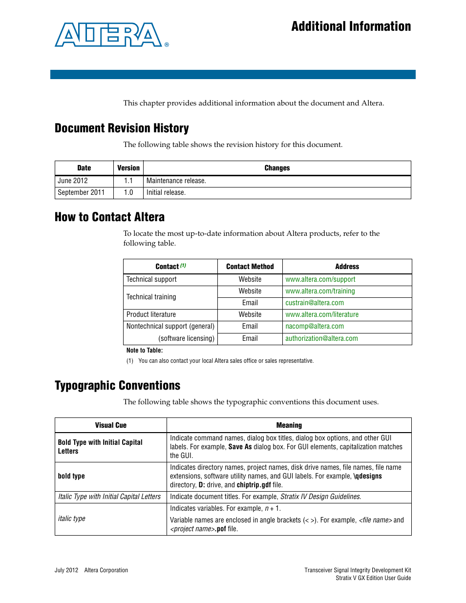 Additional information, Document revision history, How to contact altera | Typographic conventions | Altera Signal Integrity Development Kit, Stratix V GX Edition User Manual | Page 51 / 52