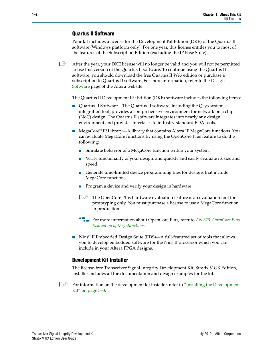 Quartus ii software, Development kit installer | Altera Signal Integrity Development Kit, Stratix V GX Edition User Manual | Page 6 / 52