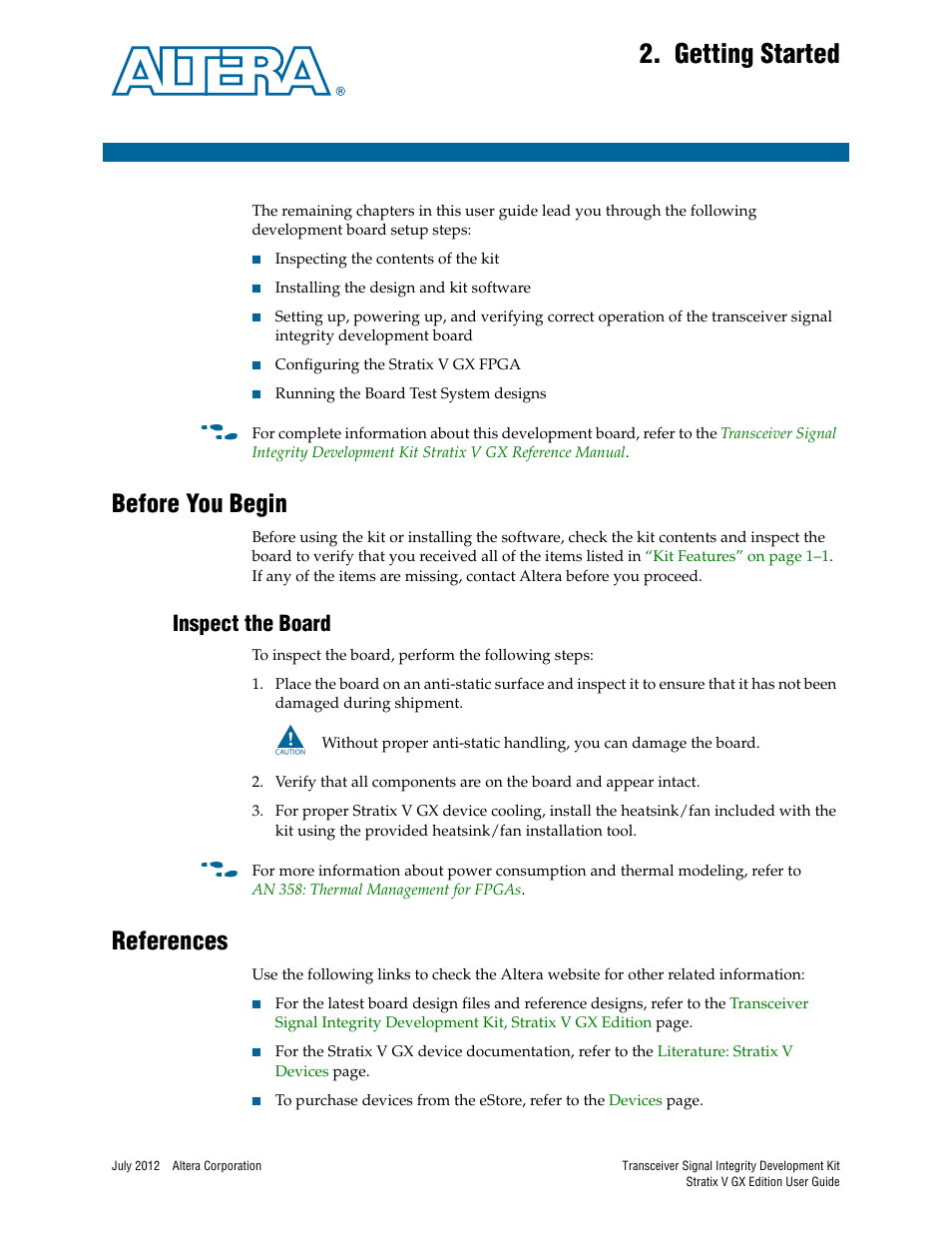 Getting started, Before you begin, Inspect the board | References, Chapter 2. getting started, Before you begin –1, Inspect the board –1, References –1 | Altera Signal Integrity Development Kit, Stratix V GX Edition User Manual | Page 7 / 52