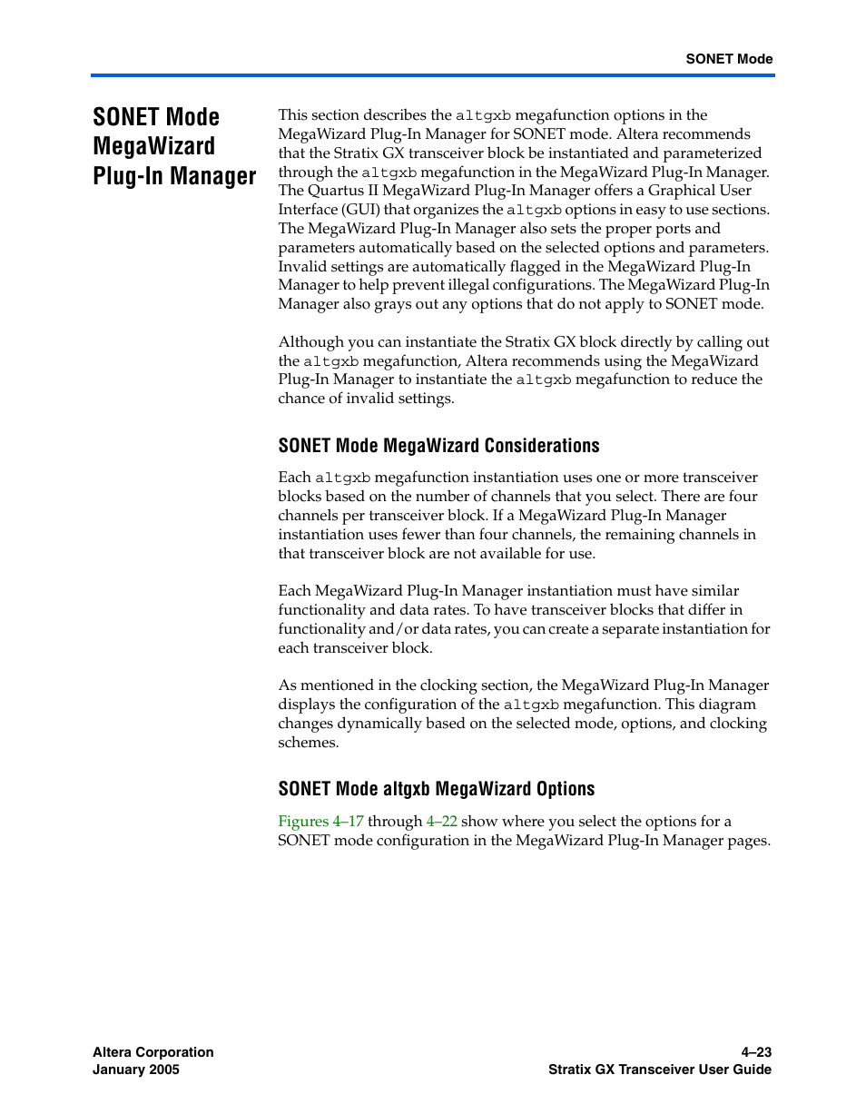 Sonet mode megawizard plug-in manager, Sonet mode megawizard considerations, Sonet mode altgxb megawizard options | Sonet mode megawizard plug-in manager –23 | Altera Stratix GX Transceiver User Manual | Page 105 / 318