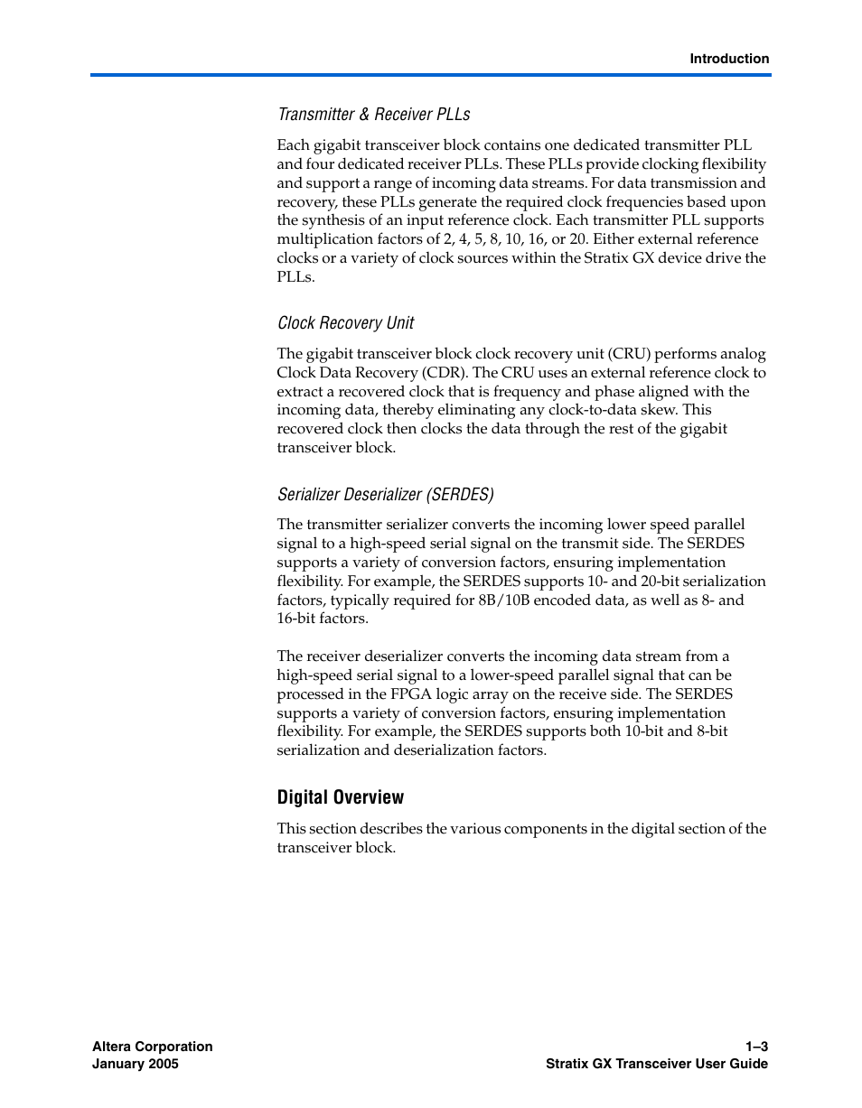 Transmitter & receiver plls, Clock recovery unit, Serializer deserializer (serdes) | Digital overview | Altera Stratix GX Transceiver User Manual | Page 11 / 318