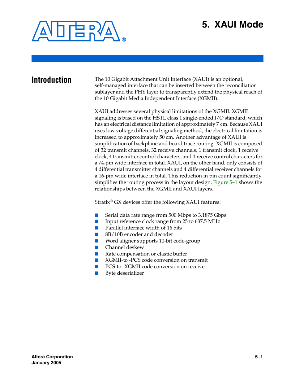 Xaui mode, Introduction, Chapter 5. xaui mode | Introduction –1 | Altera Stratix GX Transceiver User Manual | Page 113 / 318