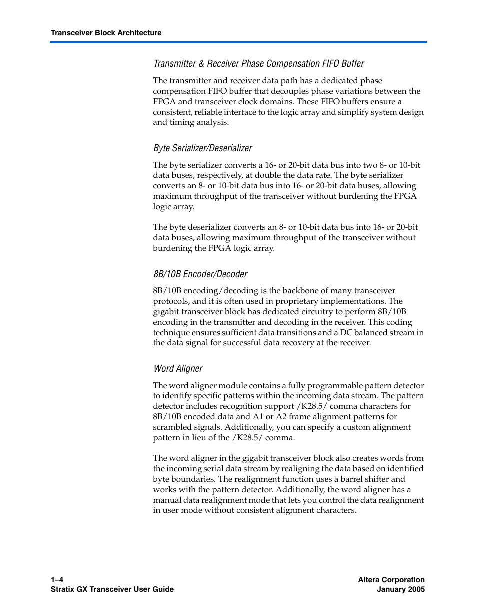 Byte serializer/deserializer, 8b/10b encoder/decoder, Word aligner | Altera Stratix GX Transceiver User Manual | Page 12 / 318