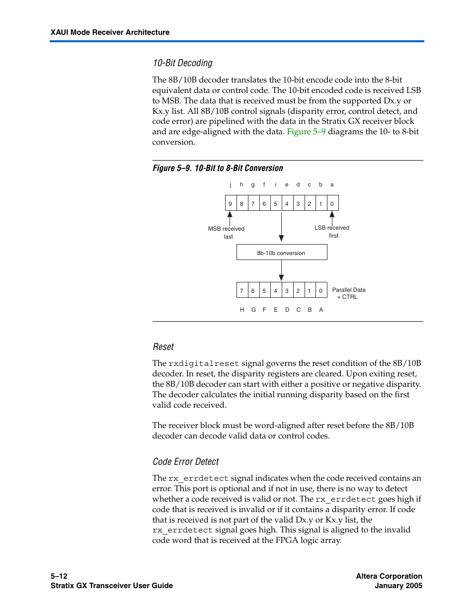 Bit decoding, Reset, Code error detect | Altera Stratix GX Transceiver User Manual | Page 124 / 318