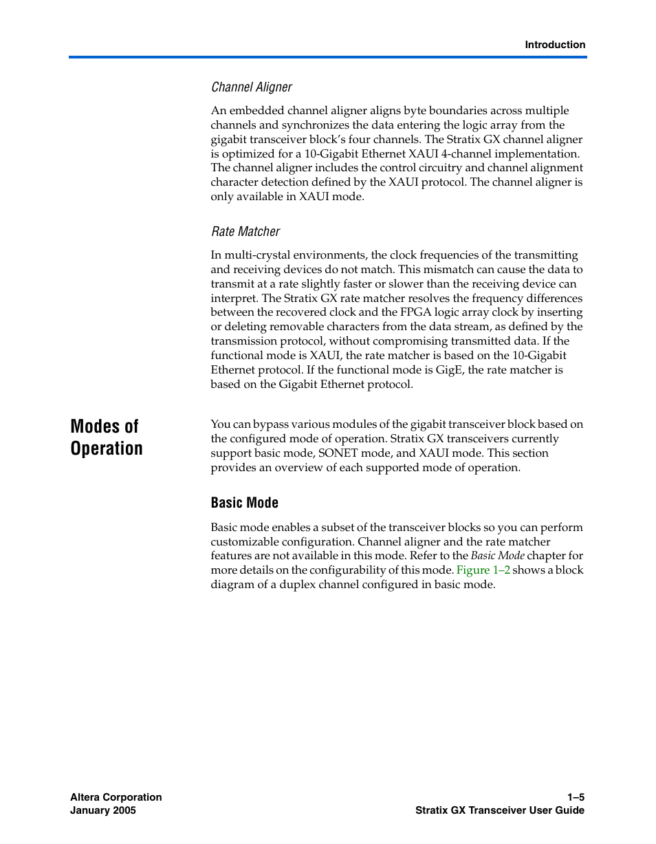 Channel aligner, Rate matcher, Modes of operation | Basic mode, Modes of operation –5, Refer to, Modes of, For a | Altera Stratix GX Transceiver User Manual | Page 13 / 318
