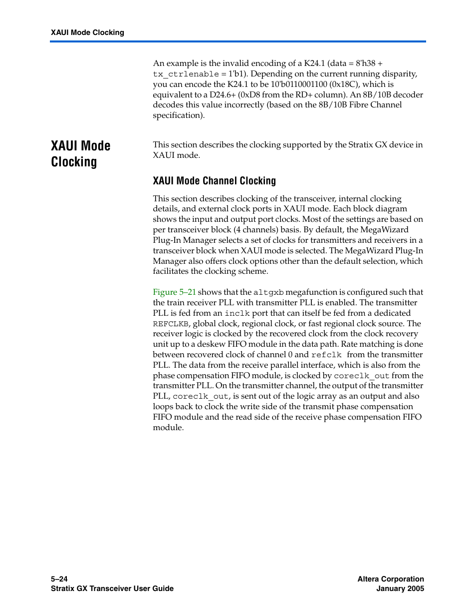 Xaui mode clocking, Xaui mode channel clocking, Xaui mode clocking –24 | Altera Stratix GX Transceiver User Manual | Page 136 / 318