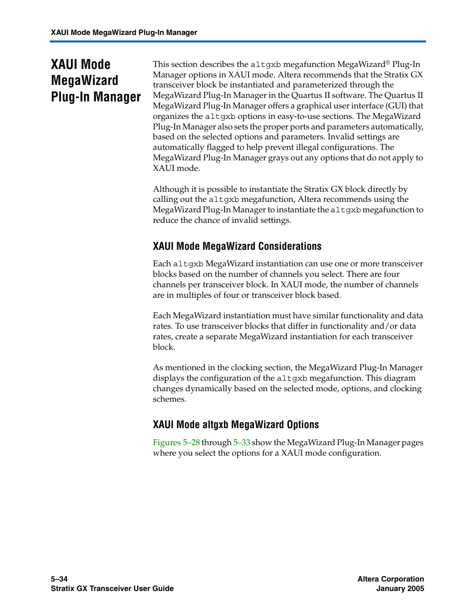 Xaui mode megawizard plug-in manager, Xaui mode megawizard considerations, Xaui mode altgxb megawizard options | Xaui mode megawizard plug-in manager –34 | Altera Stratix GX Transceiver User Manual | Page 146 / 318